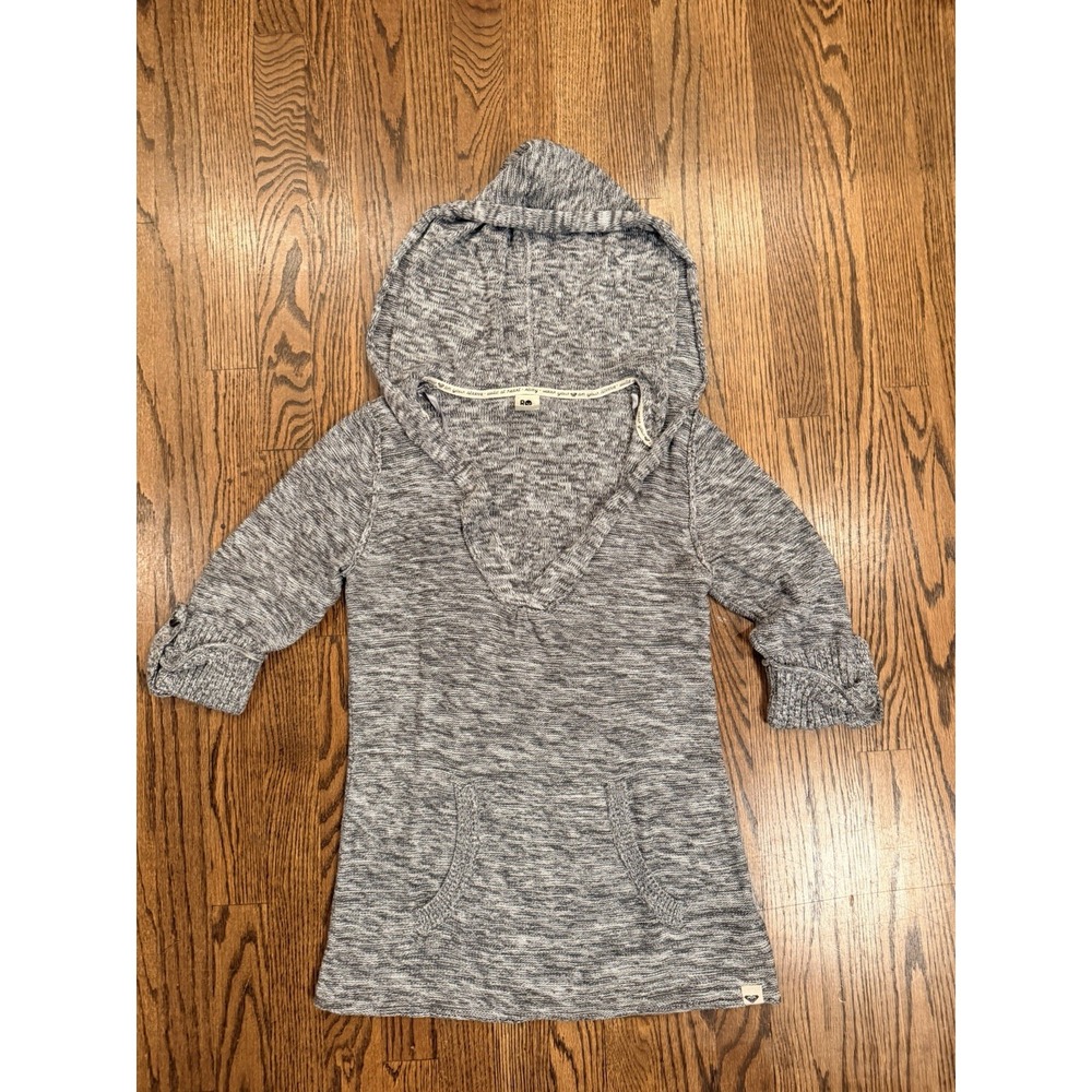 Roxy V-Neck Marled‎ Knit Hoodie Roll Tab Sleeve Medium Grey White